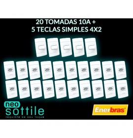 Kit 25 Peças - 20 Tomadas 10A + 5 Interruptores simples 4x2 - Enerbras Neo Sottile